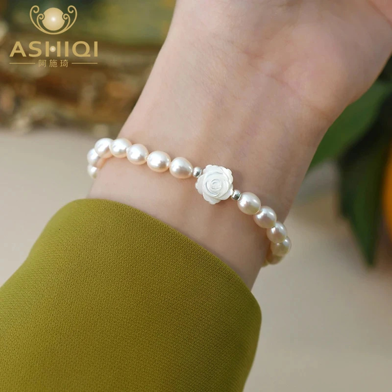 ASHIQI Natural Freshwater Pearl Shell Flower Bracelet 925 Sterling Silver for Women Fashion Jewellery 250102