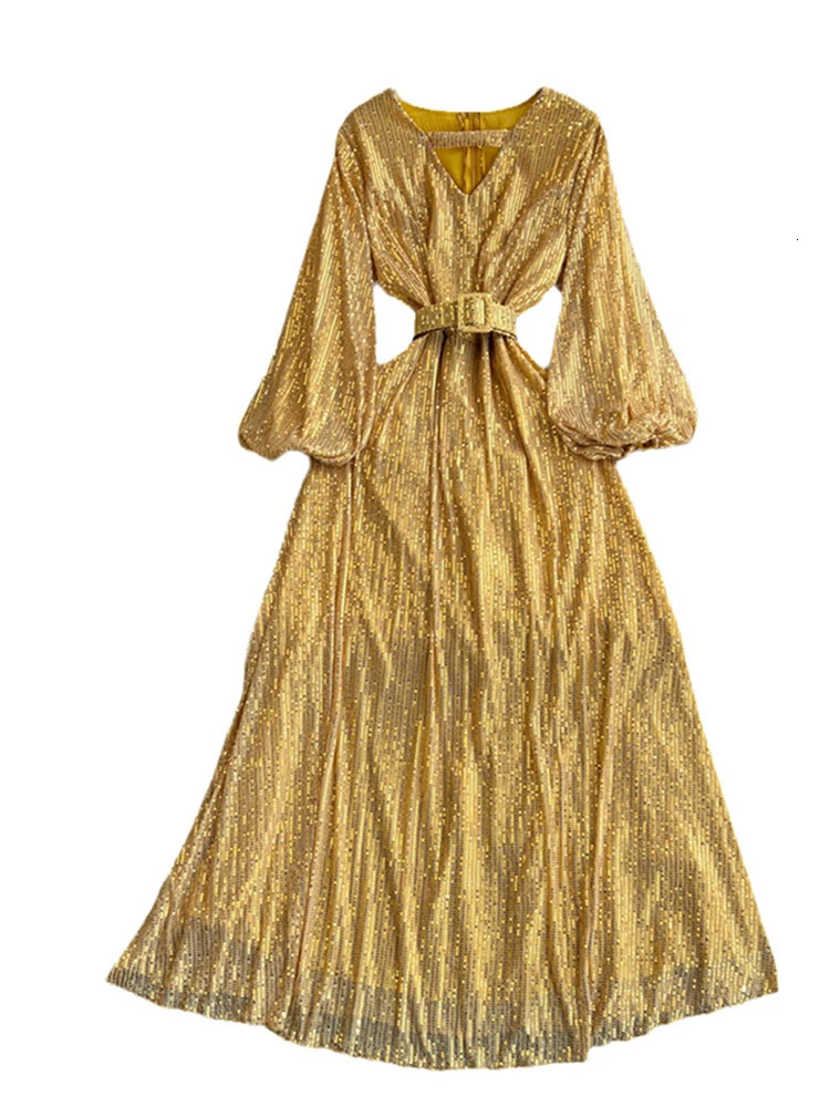 XFPV Women Light High Waist Sequins A-line Evening Dress O-Neck Lantern Sleeve Vestidos Spring Summer 2025 SM10185 250103
