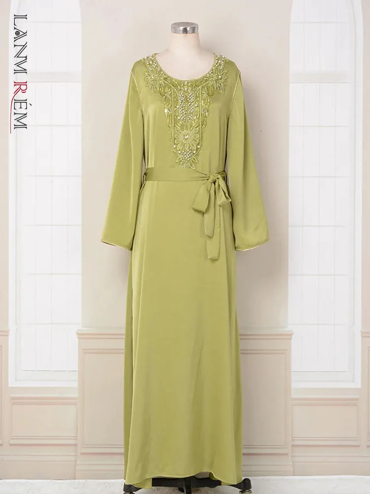 Lanmrem Elegant Party Long Dress Womens Diamond Splicing Round Neck Loose Dress Fashion 2025 Spring Style 32C721 250103