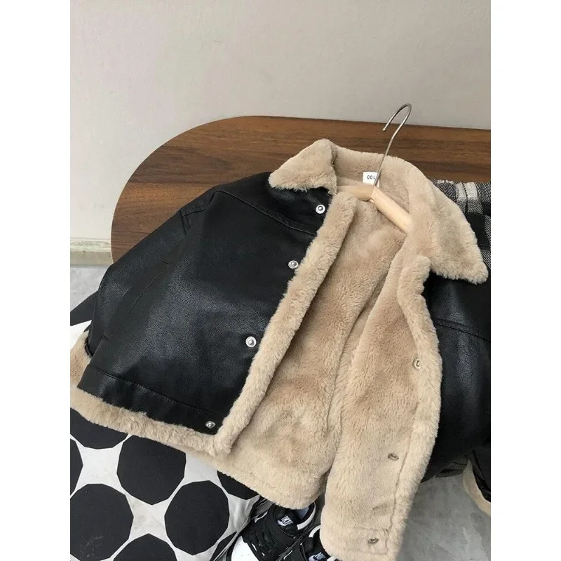 2-11Y Kids Leather Jackets Boys Girls Black Fleece Cardigan Coat Autumn Winter Warm Loose Vintage Clothes Teenagers Outerwear 241226