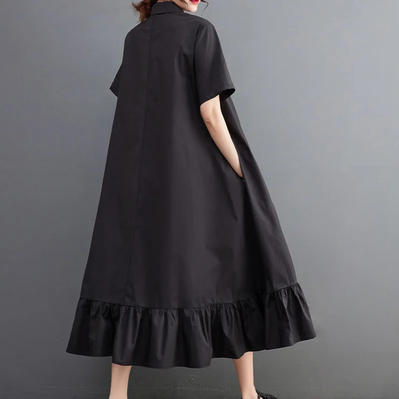 Wxw0214 Summer Black and Blue Flower Printed Long Dress Womens Pocket Loose A-line Dress Short Sleeve Retro Midi Dress Ruffle 250103