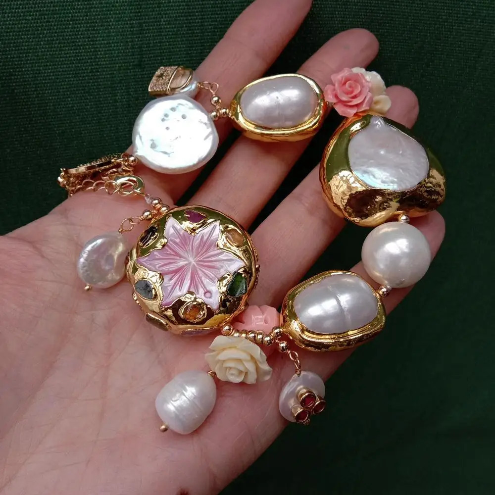 YYGEM Shell Pearl Flower Culture White Pearl Charm Bracelet Handmade Fashion Jewelry 250102
