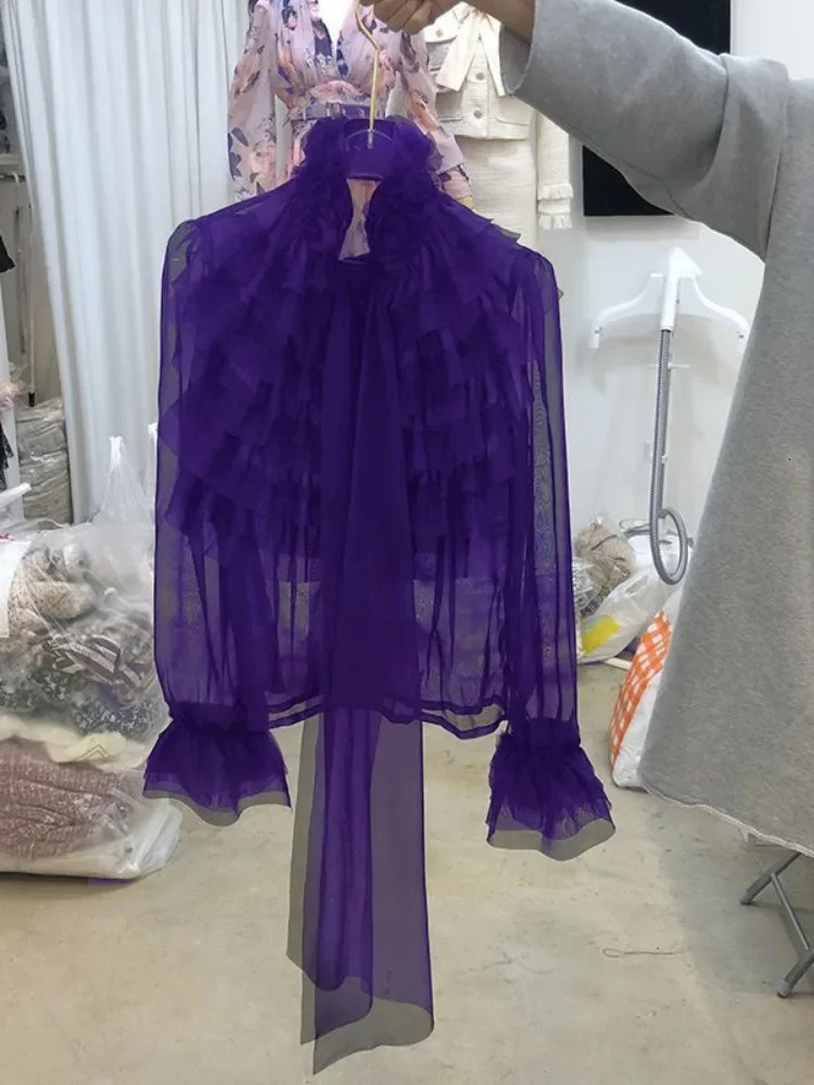 Camisas De Mujer Women Vintage Chiffon Blouse Flare Sleeve Shirts Stand Neck Loose See Through Sweet Ruffles Blusas Tops 250103
