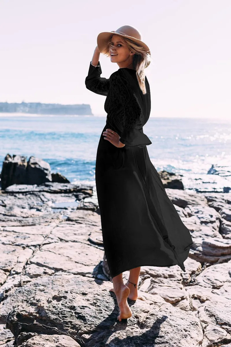 TEELYNN long sleeved beach dress retro lace white summer dress sexy deep V-neck long sleeved womens bohemian dress 250103