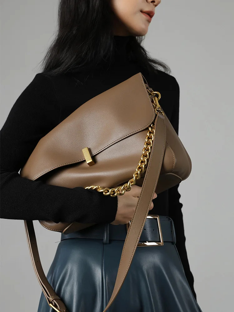 Large Cow Flap Shoulder Chain Bag 2024 Solid Genuine Leather Female Crossbody Handbag Messenger Bags