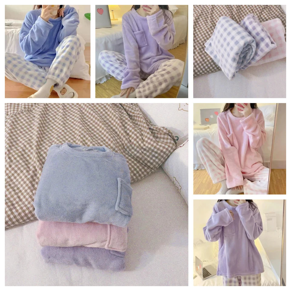 Flannel Womens Pajamas Warm Thicken Casual Solid Top Plaid Winter Sleepwear Cute Soft Pullover Trousers Set 250103