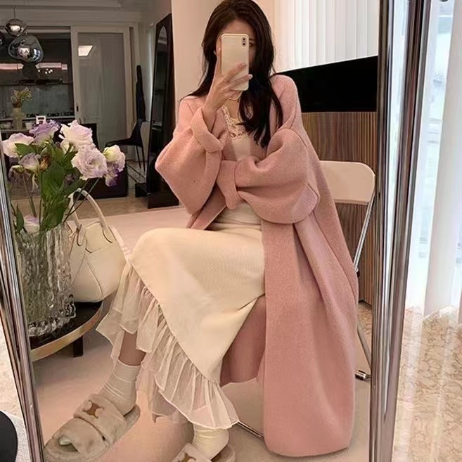 High End Knitted Cardigan Sweater for Women Mid to Long Style Solid Color Lazy Style Over the Knee Loose Fit Oversized Commuting Jacket for Autumn and