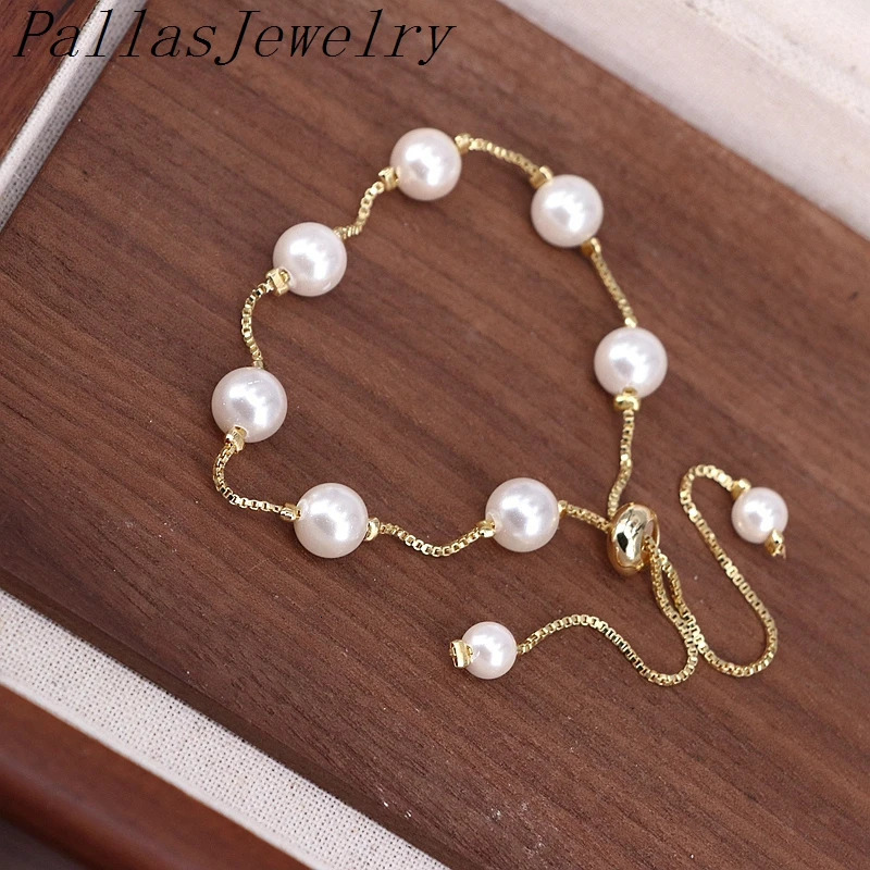 10Pcs 8MM Elegant Fashion Pearl Shell Ball Bracelets For Women Adjustable Bracelet Gold Color Chain Bangle Jewelry Gift 250102