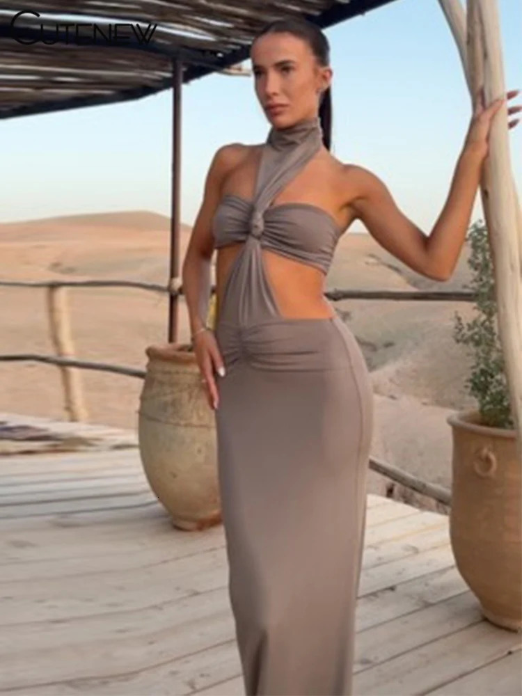 Cute Halter Evening Women Dress Classic Solid Tultneck Waistless Shirring Sleeveless Backless Bodycon High Street Mujer Robe 250103