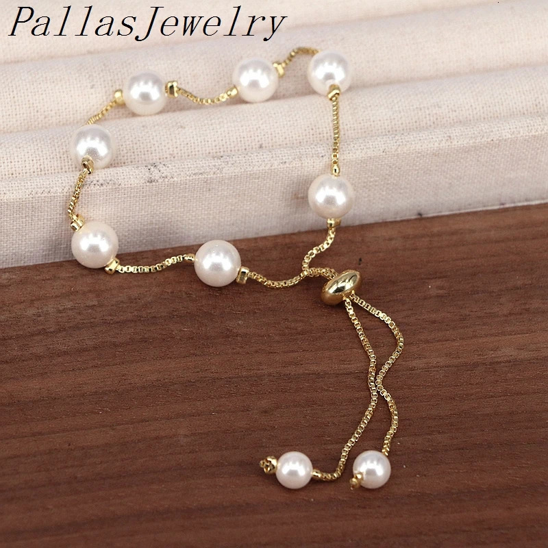 10Pcs 8MM Elegant Fashion Pearl Shell Ball Bracelets For Women Adjustable Bracelet Gold Color Chain Bangle Jewelry Gift 250102