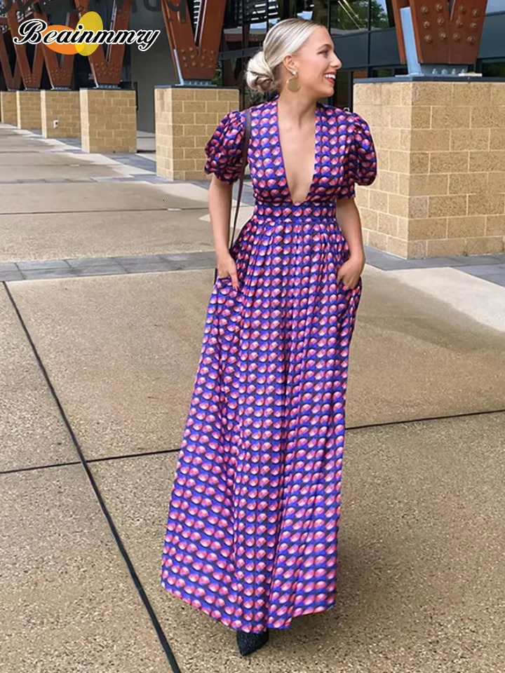 Elegant purple womens printed high waisted long robe sexy deep V-neck slim fit printed long skirt 2025 womens vacation vest 250103