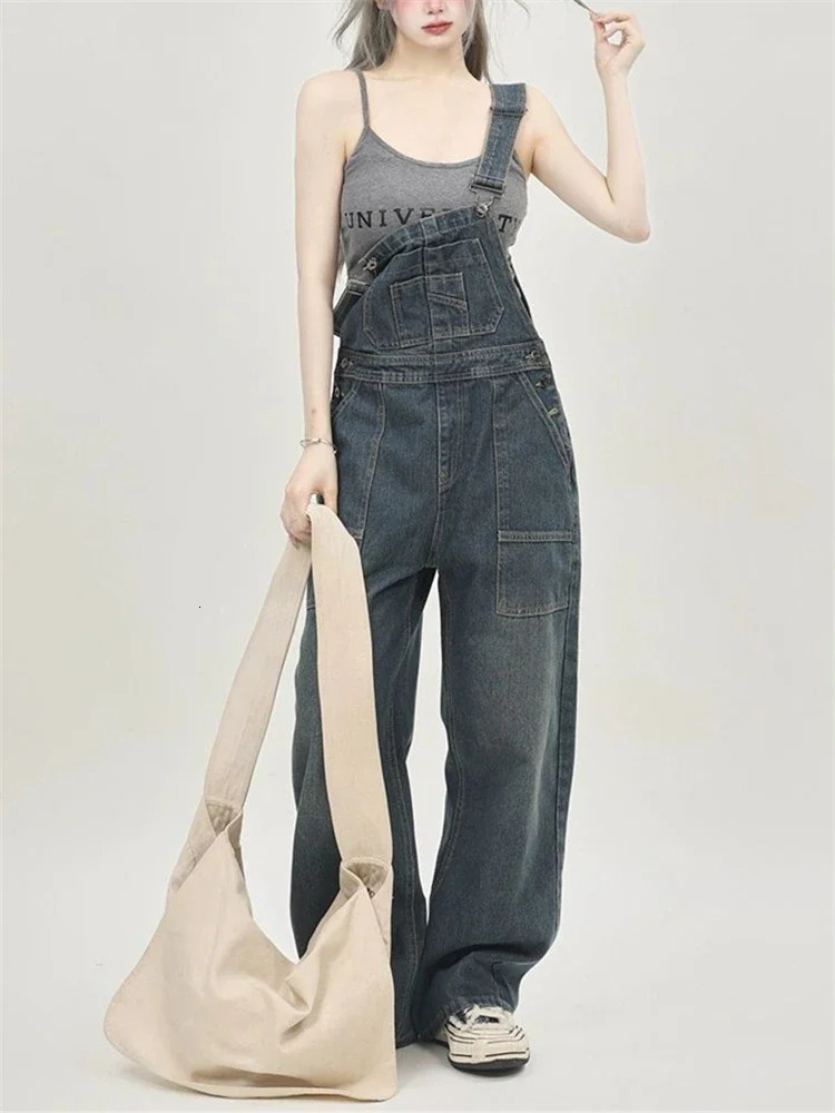 Womens Casual Blue Overalls Fashion Wide Leg Suspender Jumpsuits Pants Female Streetwear Rompers Straight Denim Trouser 241230
