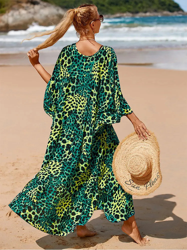 Bohe print loose beach dress casual V-neck batwing sleeve side split long skirt womens summer clothing long Kafotan Q1297 250103