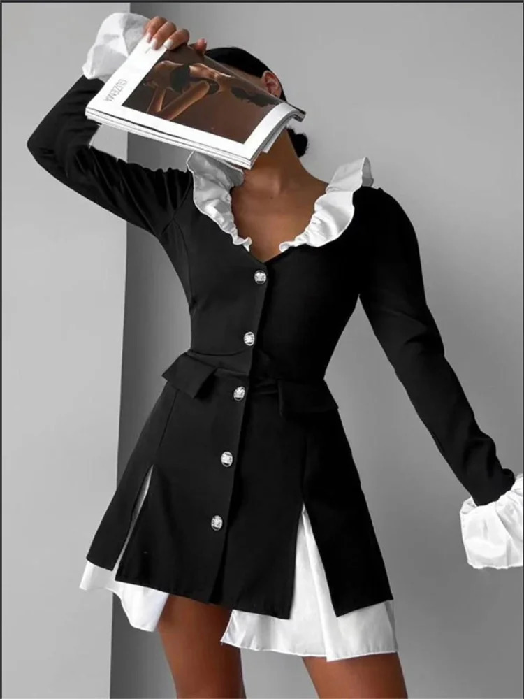 Tossy Ruffled Elegant Pocket Dress Female Pocket Shirts 2 Piece-Set Commute Clothes Autumn Patchwork Dress Women Contrast Dress 250103