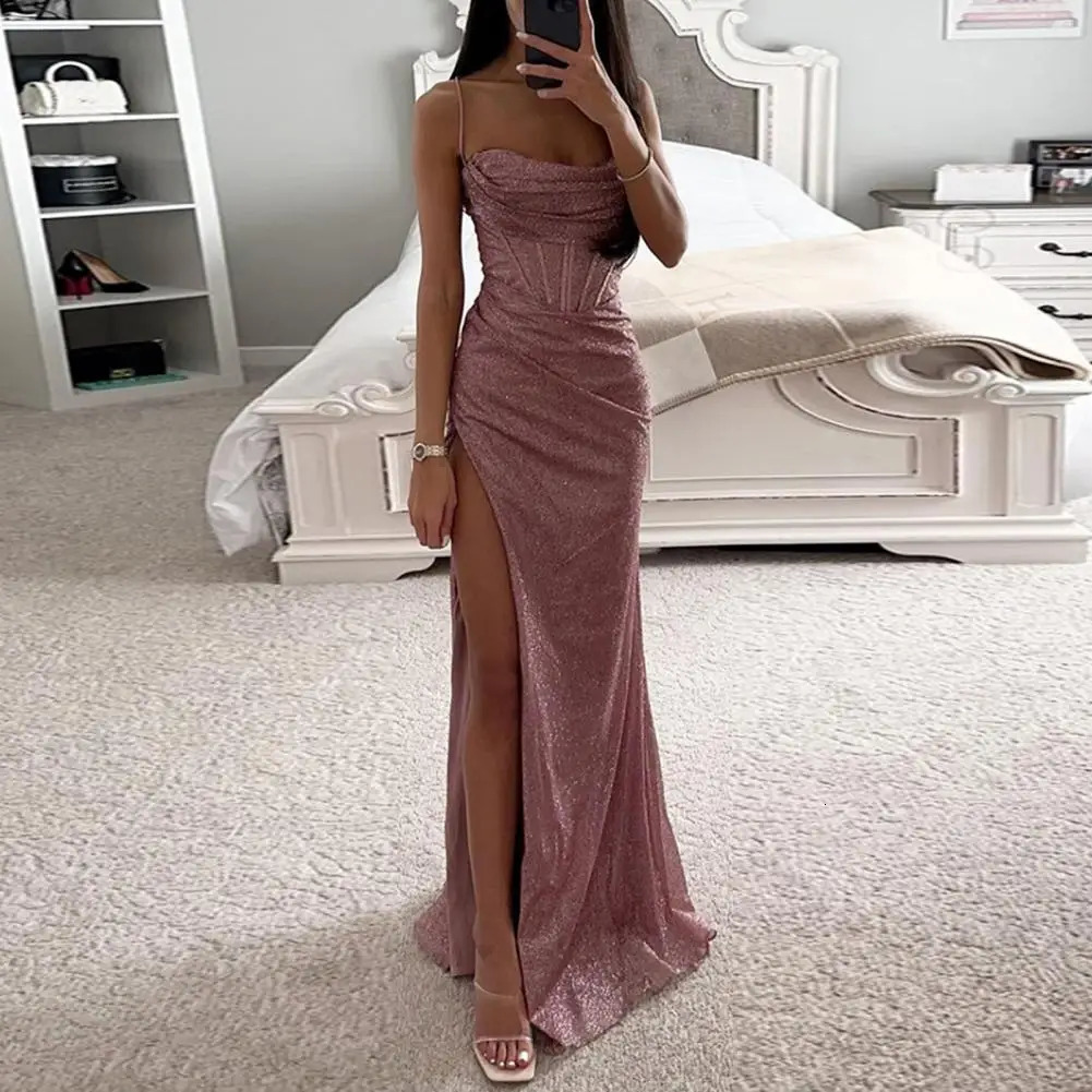 Versatile Party Dress Elegant Sequin Spaghetti Strap Evening with Off Shoulder High Split for Womens Prom Floor Length 250103