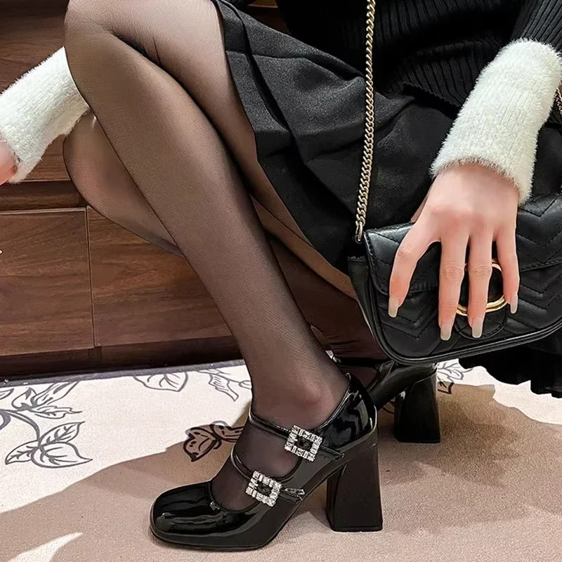 8Cm High Heel Women Mary Jane Fashion Crystal Buckle 2025 Spring Autumn Nightclub Party Pumps Shoes