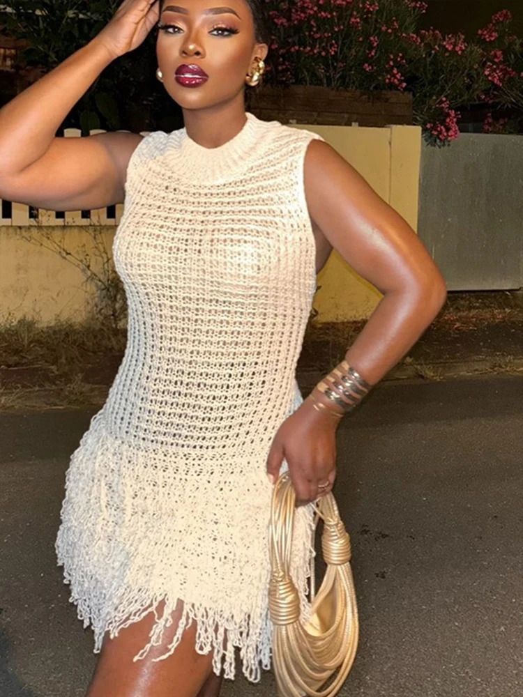 Elegant Knit Tassels Hollow Out Mini Dress Women Slim O-neck Sleeveless Female Beach Dresses 2024 Summer Lady Fashion Vestidos 250102