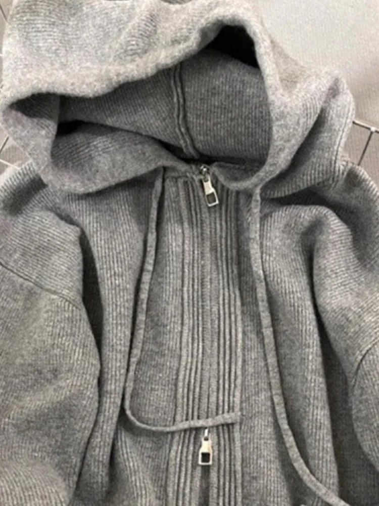 Knitted Hoodies for Women Vintage Casual Fashion Sweatshirts Solid Loose Long Sleeve Zipper Autumn Winter 250103