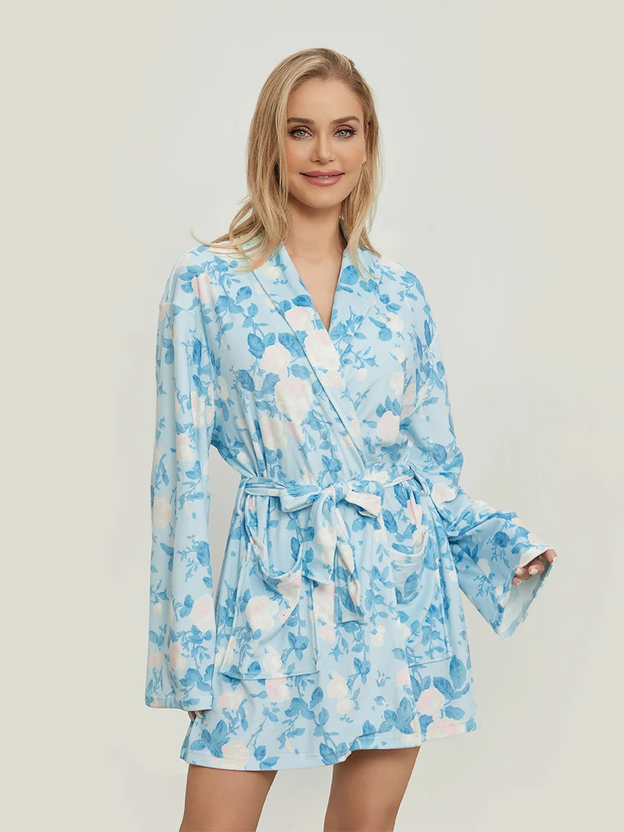 Women Soft Cotton Long Robe Floral Fruit Print Flannel Shawl Collar Dressing Gown Bathrobe Warm Lounge Robe Pjs Sleepwear 250102
