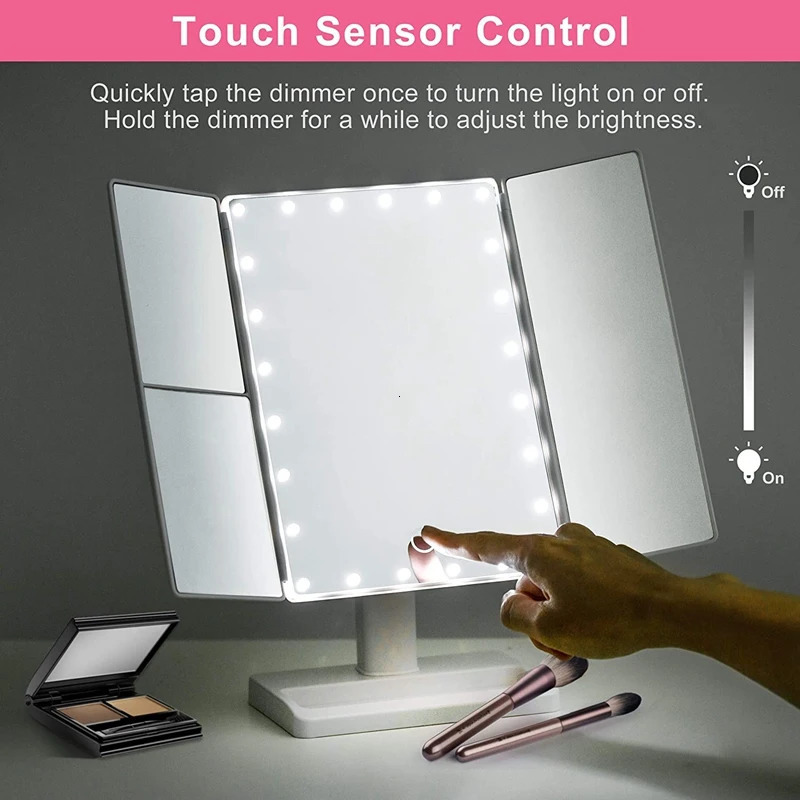 Trifold Makeup Mirror With 22 LED Lights10X/3X/2X Magnification Portable Fold Lighted Table Desk Cosmetic Mirror 250103