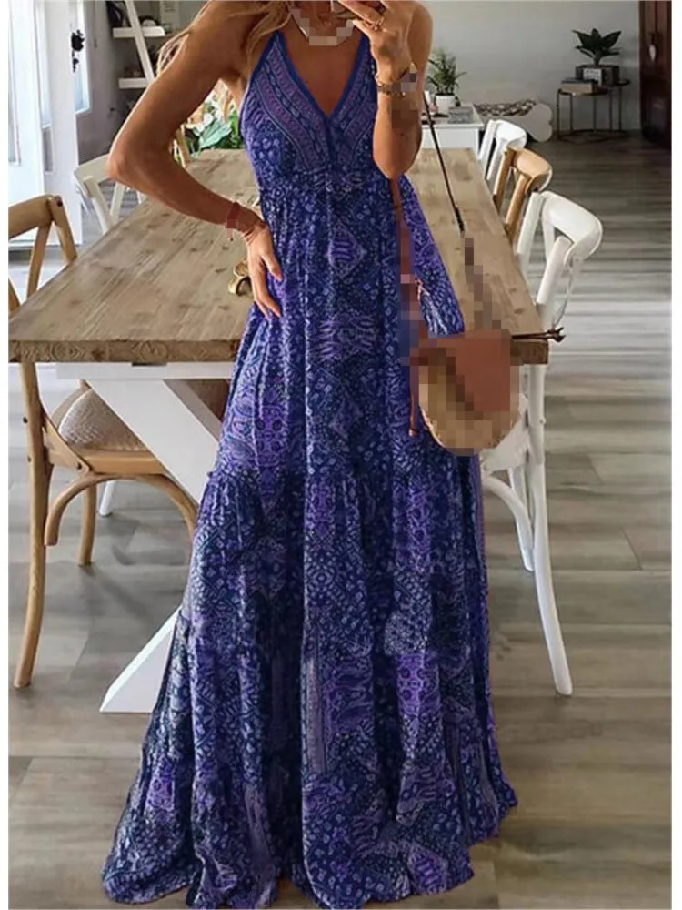 Summer womens spaghetti shoulder strap bohemian long dress elegant V-neck party retro printed sleeveless sexy long dress 250103
