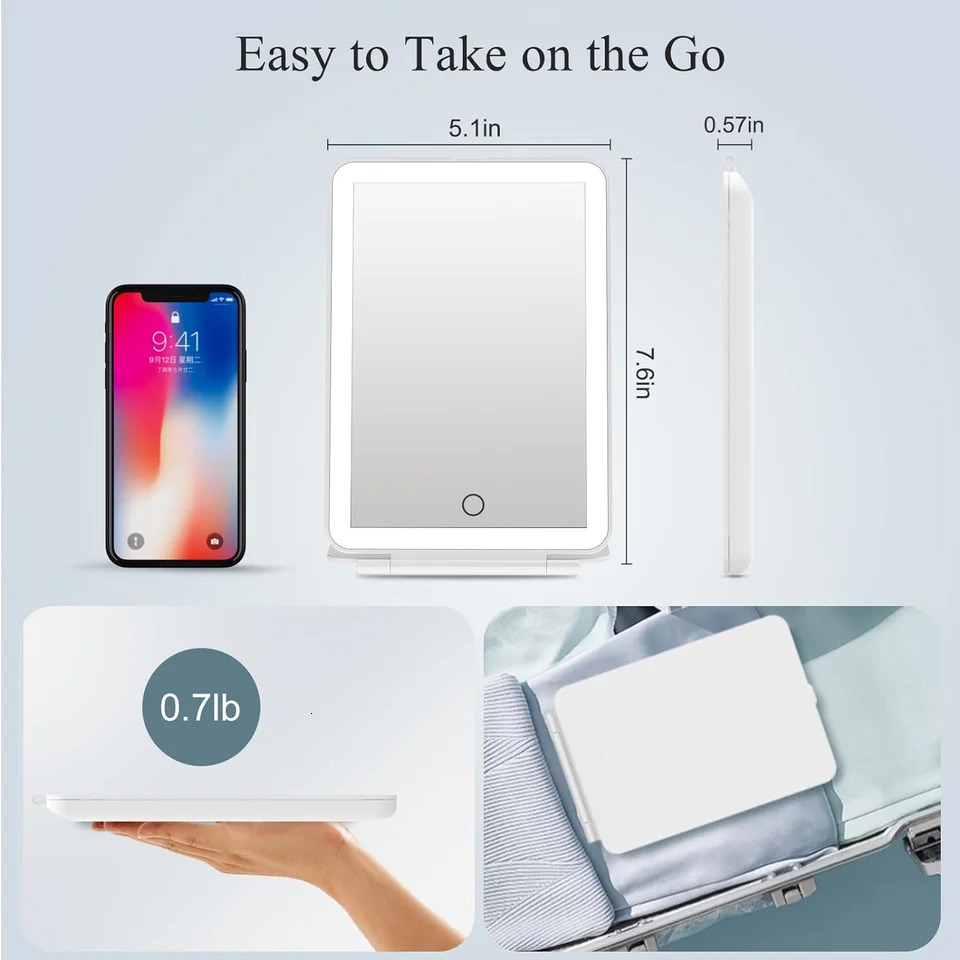 LED Foldable Travel Makeup Mirror 3 Colors Light Modes USB Rechargeable Touch Screen Portable Tabletop Cosmetic Mirror White 250103