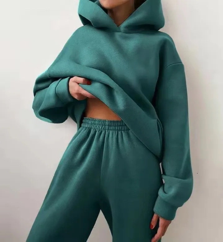 Womens Tracksuit Suit Winter Fashion Warm Hoodie Sweatshirts Two Pieces Oversized Solid Casual Hoody Pullovers Long Pant Sets 250103