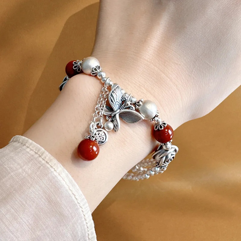 Langyan 925 sterling silver red agate butterfly rose bracelet for women vintage silver bead charm bracelet handmade 250102