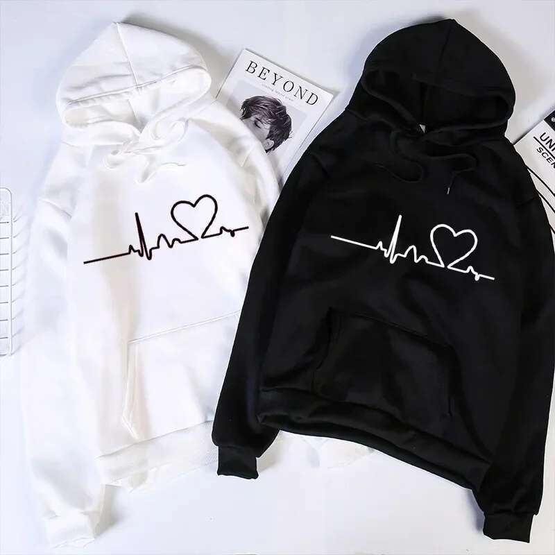 New Women Hoodies Autumn Winter Heartbeat Print Men Loose Casual Hoodie Couple Sweatshirts Ladies Hooded Tops Streetwear Clothes