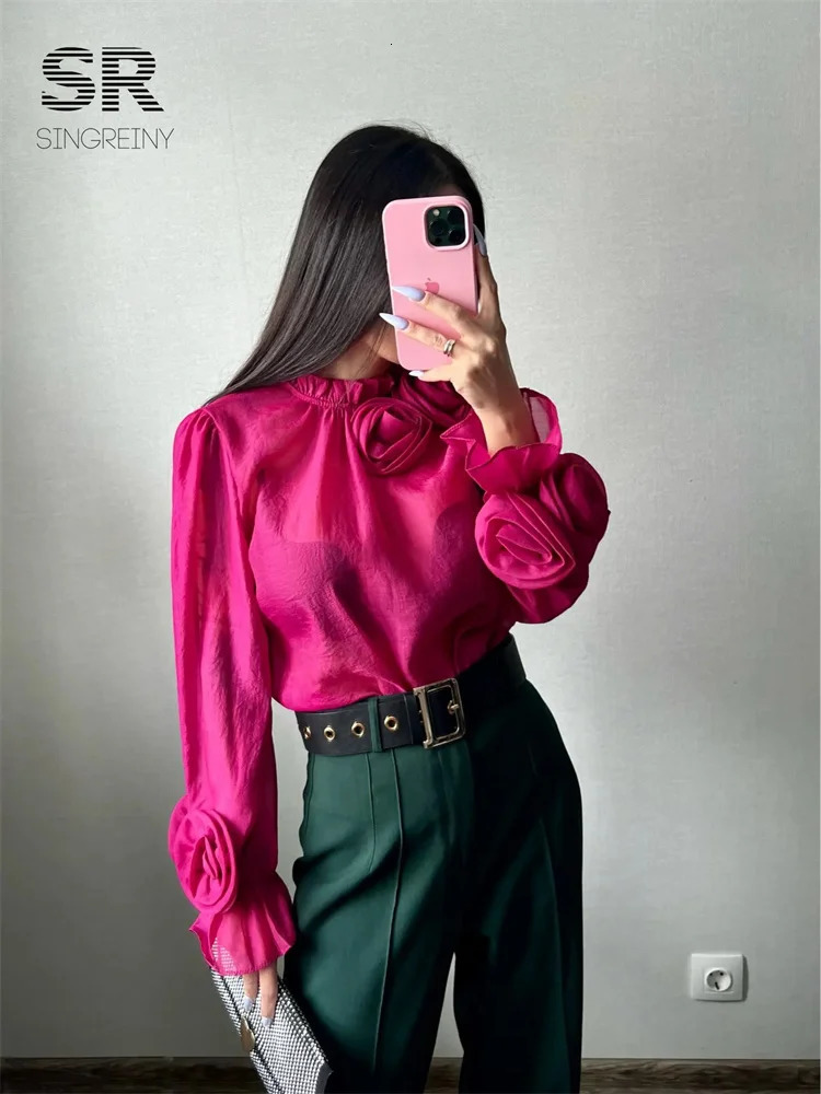 SINGREINY Ruffles Flower Loose Women Shirt Elegant O Neck Long Sleeve Transparent Thin Ladies Mesh Casual Fashion Chic Blouse 241230