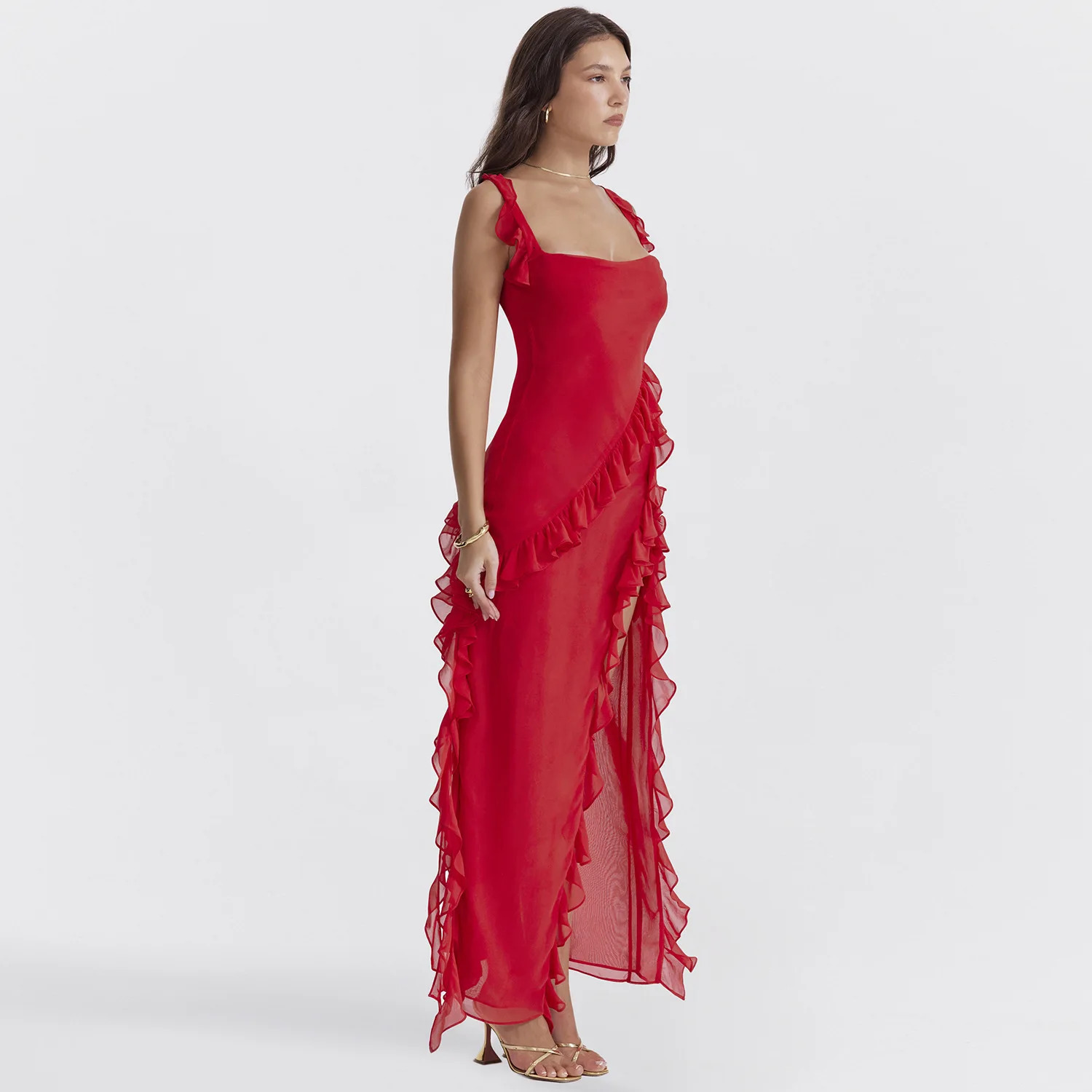 Womens Ruffle Edge Long Skirt Sleeveless Solid Color High Split Party Cocktail Evening Dress Summer Y2k Clothing 250103