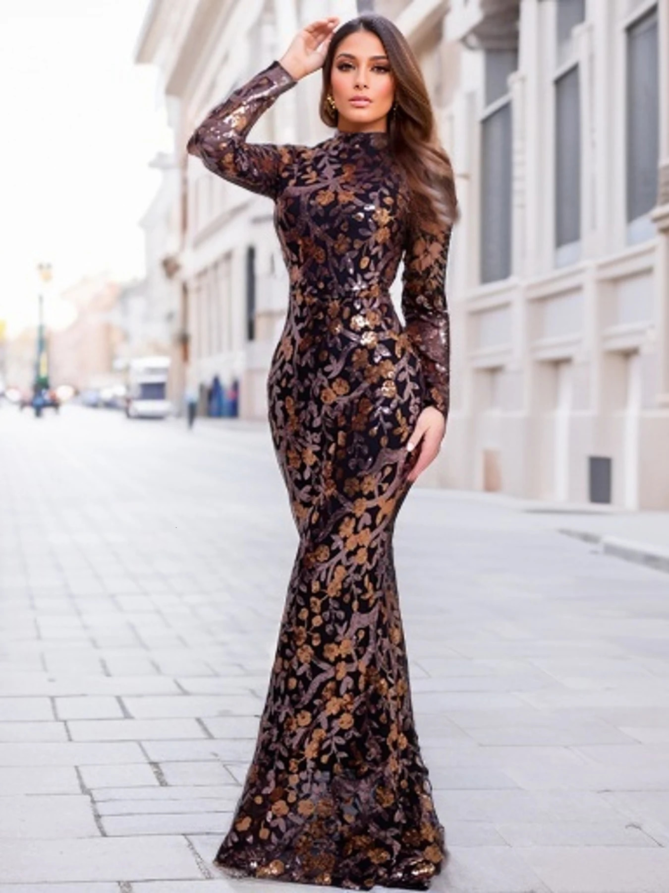 Romagic Full Sleeve Glitter Cocktail Ball Dress Mermaid Celebrity Evening Dress Party Dress Long Women 250103