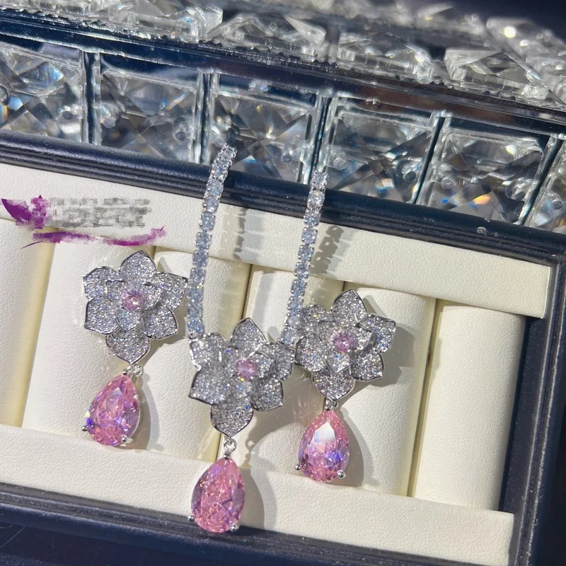 Temperament 925 Silver Color Water Drop Earrings Necklace for Women Exquisite Pink Zircon Flower Wedding Banquet Jewelry Sets 250102