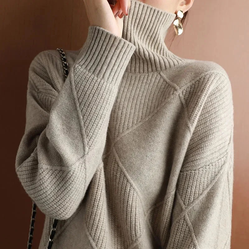 Autumn and Winter Womens Pullover Sweater Thickened Warmth Fashion Knitted Wool High Collar DF4845 241227