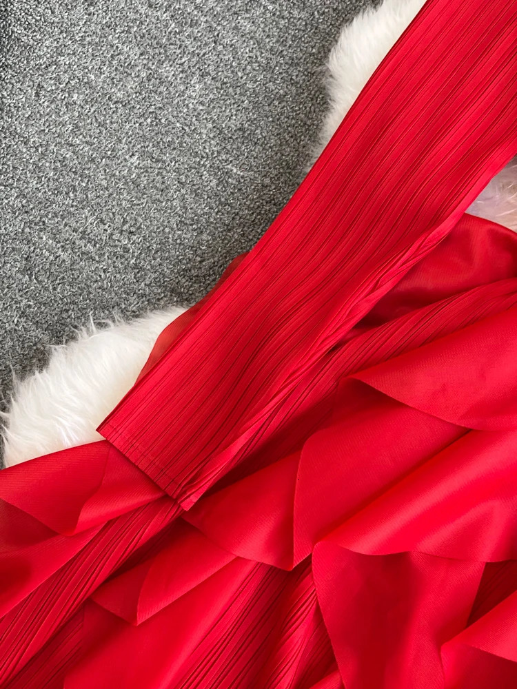 XFPV Women High Waist Pleated Ruffles Korean Version A-line Dresses Mid Length O-Neck Long sleeve Vestidos Spring 2025 SM10284 250103