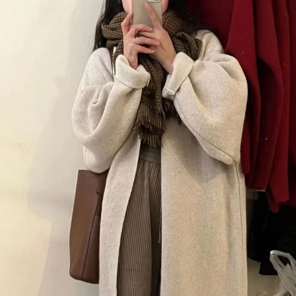 High End Knitted Cardigan Sweater for Women Mid to Long Style Solid Color Lazy Style Over the Knee Loose Fit Oversized Commuting Jacket for Autumn and