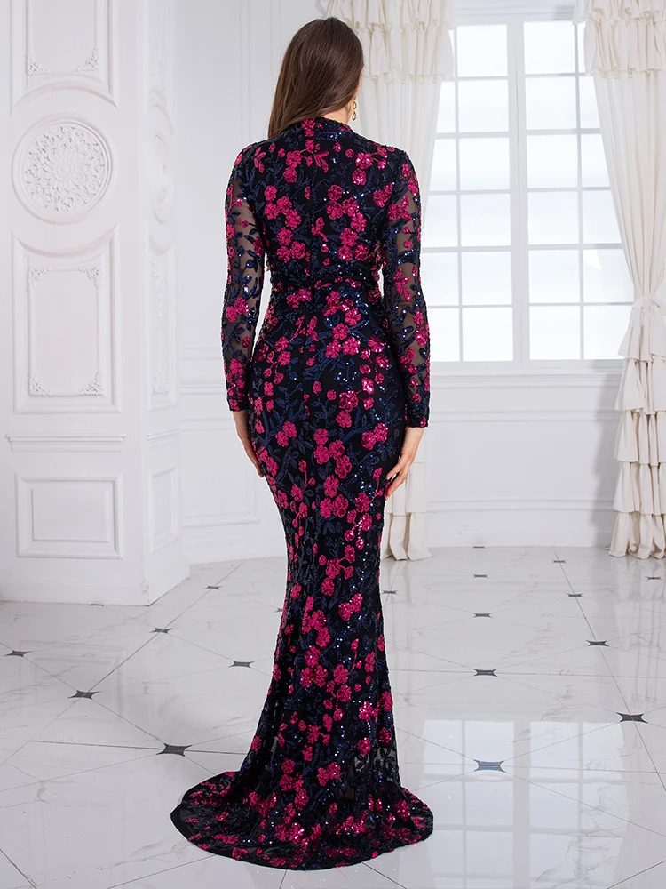 Romagic Full Sleeve Glitter Cocktail Ball Dress Mermaid Celebrity Evening Dress Party Dress Long Women 250103