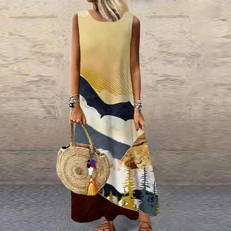 Womens sleeveless printed dress O-neck straight loose fashion elegant commuting long casual spring summer 250103