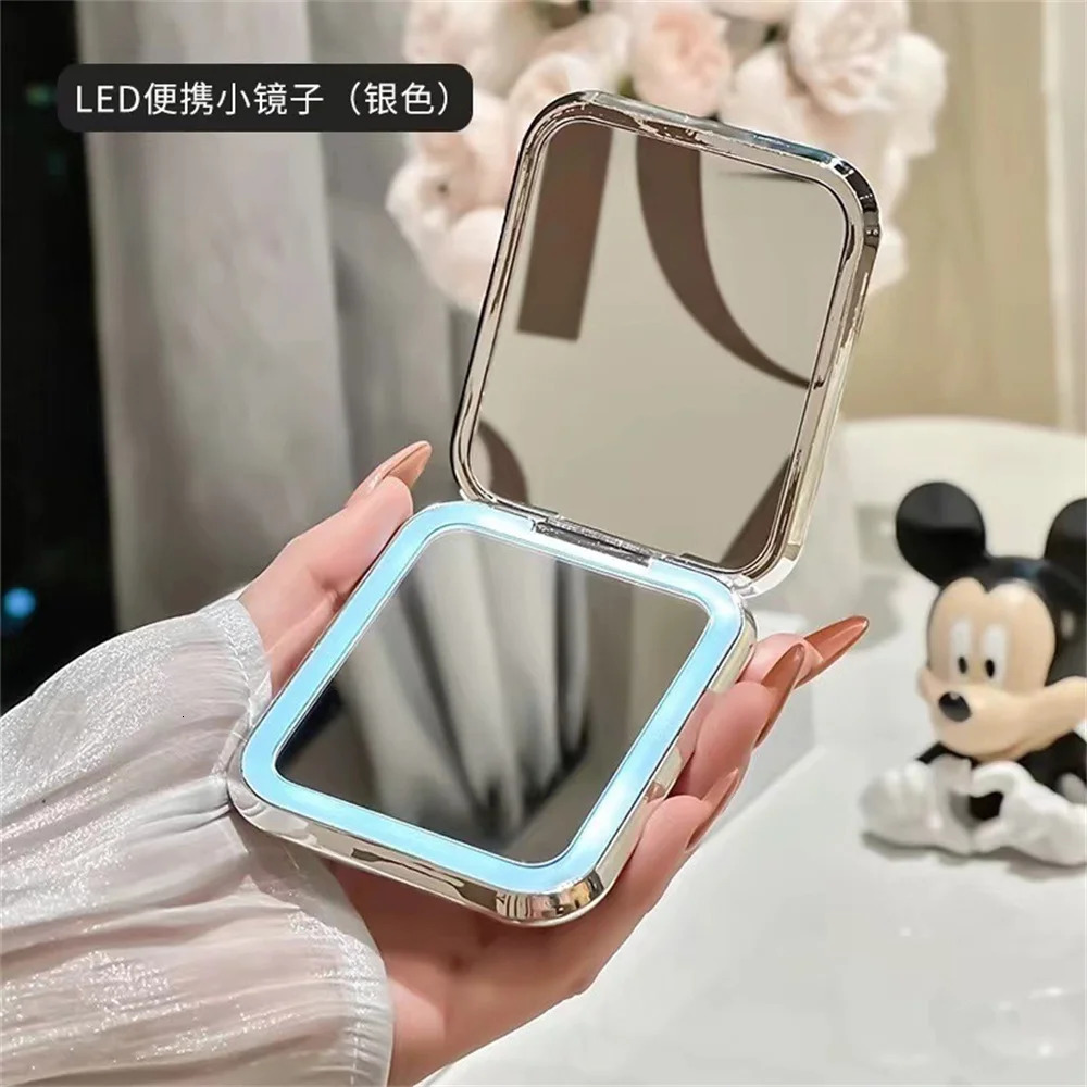 LED Make Up Mirror Student Dormitory With Lights Folding Mirrors Desktop Handheld Mirror Female Portable Travel Cosmetic Mirrors 250103