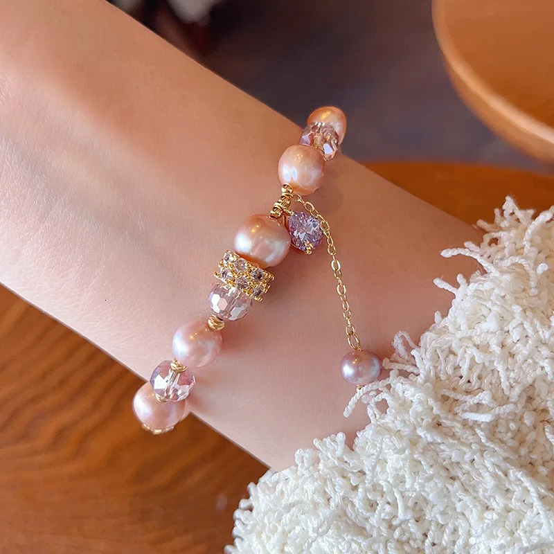 Pink Baroque Natural Freshwater Pearl Bracelet for Women Purple Crystal Bracelet Summer Nice Girls Jewelry Gifts 250102