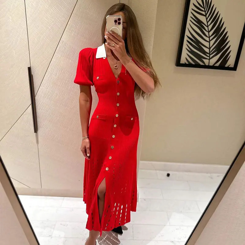 Contrast Single Breasted Knitted Dress For Women Elegant Lapel Short Sleeve Hollow Out Chic Dresses Female Red Black Vestidos 250102