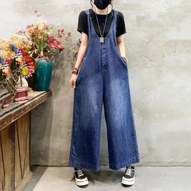 Oversized Women Denim Jumpsuit Summer Streetwear Suspenders High Waist Straight Wide Leg Jeans Female Casual Trouser Rompers 241230