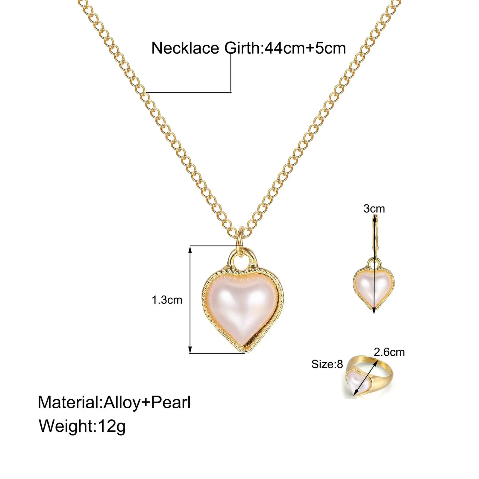 Pearl Peach Heart Necklace Jewelry Creative French Love Necklace Set Gold Color Alloy Metal Heart Pendant Earrings Necklace Ring 250102