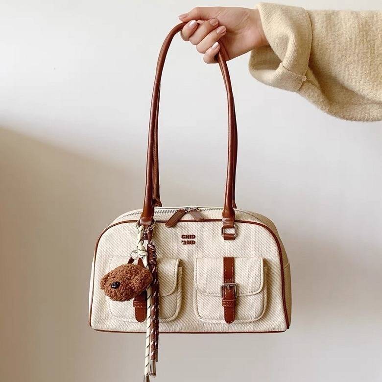 Brand Designer PU Leather And Canvas Patchwork Women's Shoulder High Quality Contrast Color Crossbody Bag Bucket Handbag