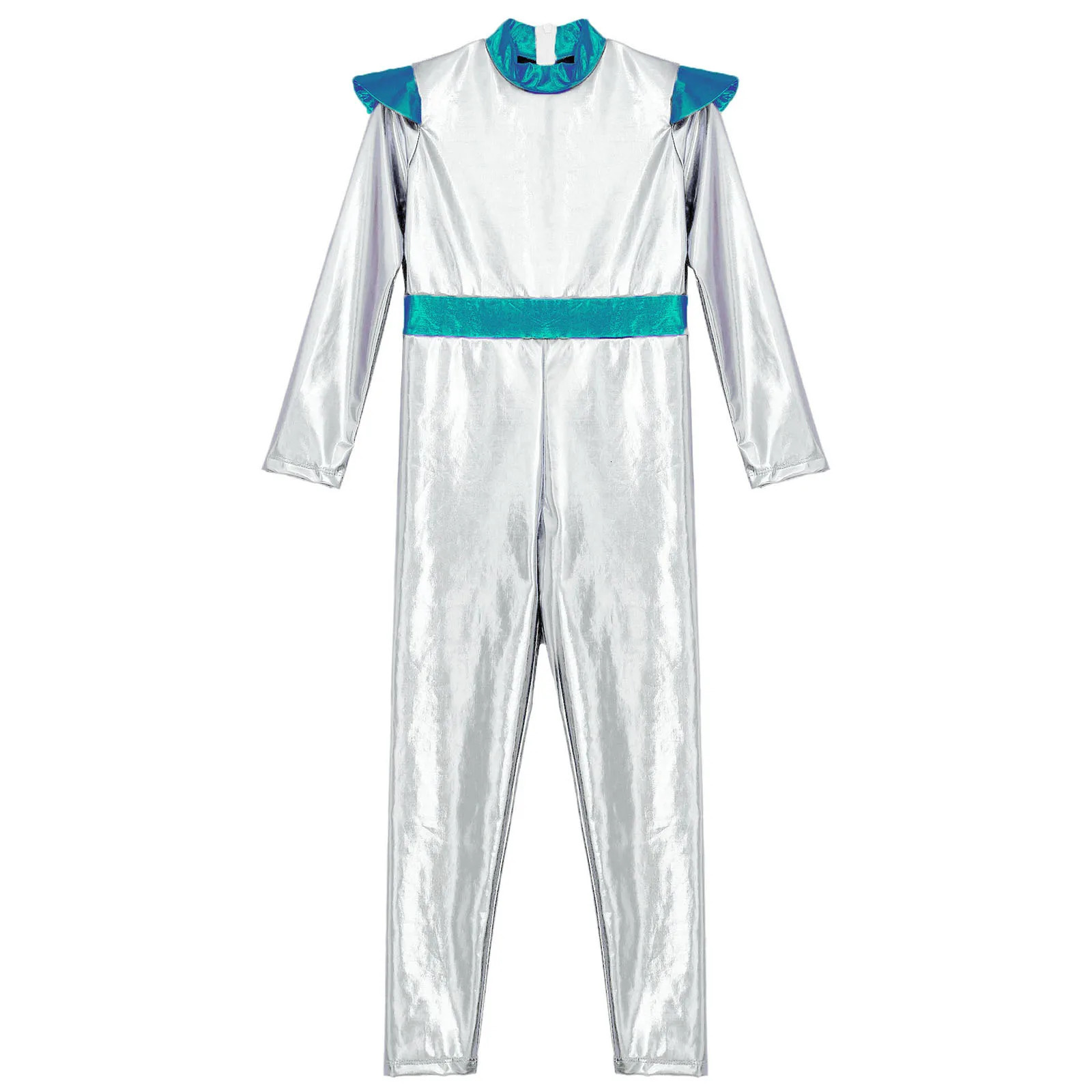 Kids Girls Halloween Alien Robot Cosplay Costume Space Astronaut Themed Fancy Party Dress Up Long Sleeve Shiny Metallic Jumpsuit 241230z
