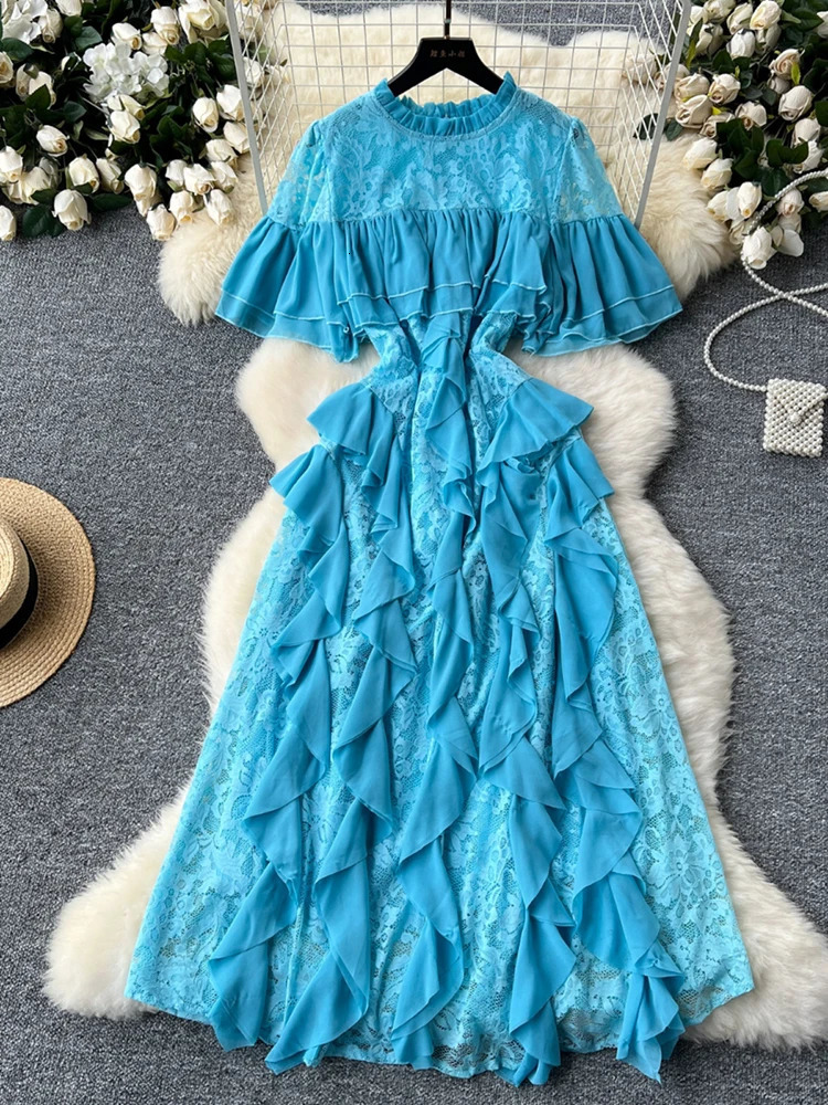 XFPV Women Spliced Round Neck Flared Sleeves High Waist Slim Lace Lotus Leaf Edge Dress Vestidos Y2k Fashion Spring Summer 2025 250103