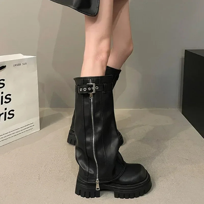 Winter Women Biker Boots Fashion Belt Buckle Ladies Elegant Platform Long Pipe Booties Casual Womens Knee High Booties 250103