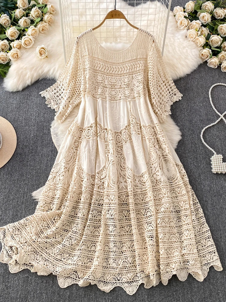 XFPV Womens Hollow Knitted Short Sleeve Elegant Medium length Dress Vestidos Y2k Korean Fashion Spring/Summer 2025 SM11611 250103