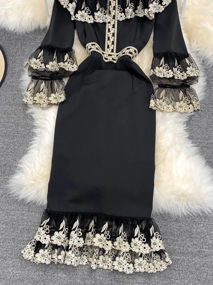XFPV Elegant Fashionable Womens Contrast Embroidered Patchwork High Waist Fishtail Skirt 2025 Autumn Dress SN3863 250103