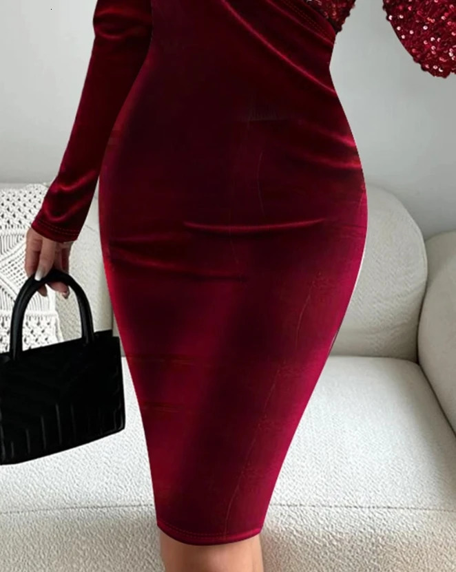 Womens Party Dress 2024 Summer Contrasting Sequin Velvet Patchwork Long Sleeve Asymmetrical Collar Elegant Evening 250103